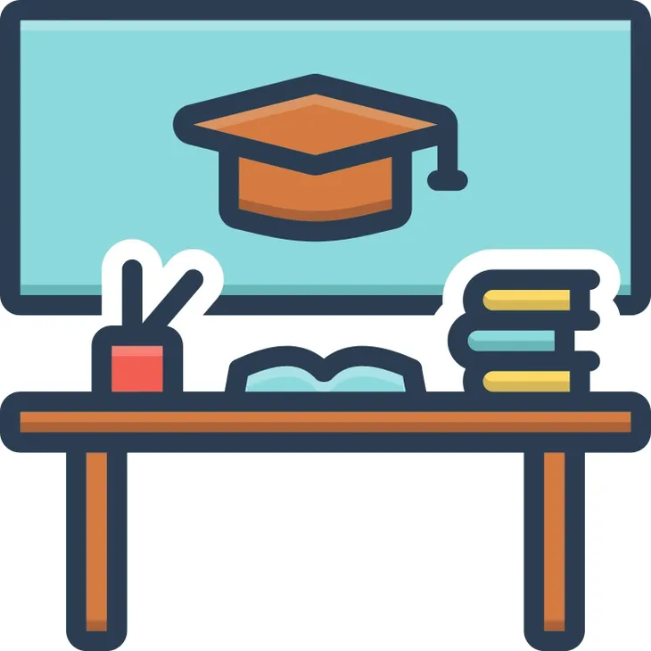 Classroom desk with books and board.