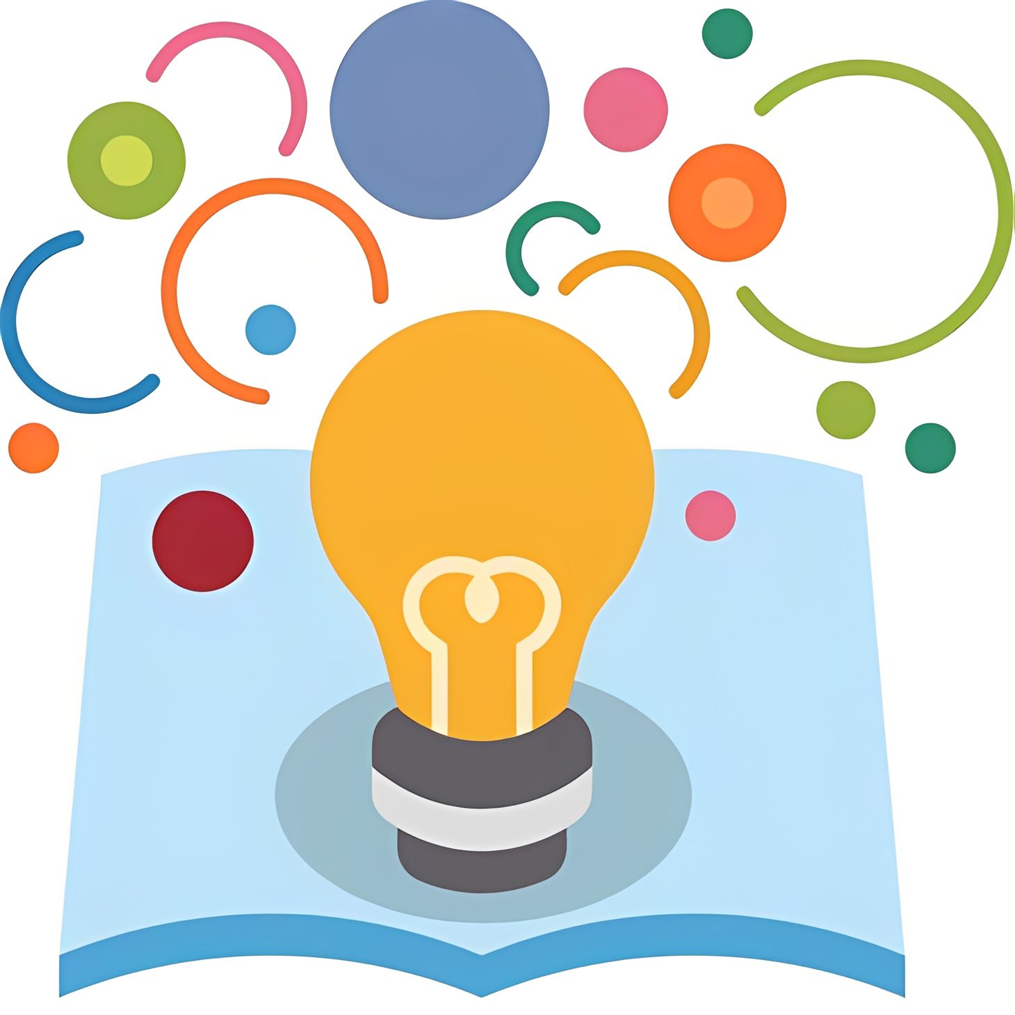 Open book with lightbulb and colorful circles.