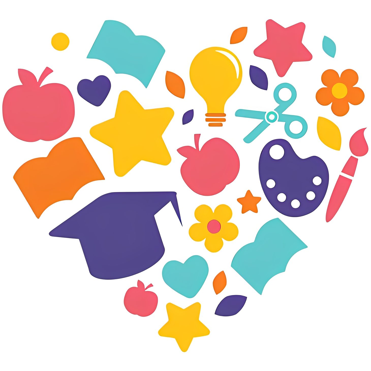 Colorful education-themed icons in heart shape.