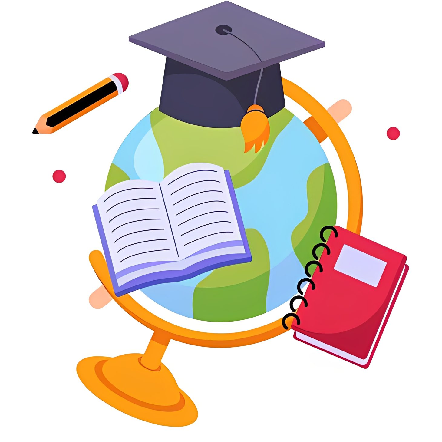 Education-themed globe with books and pencil.
