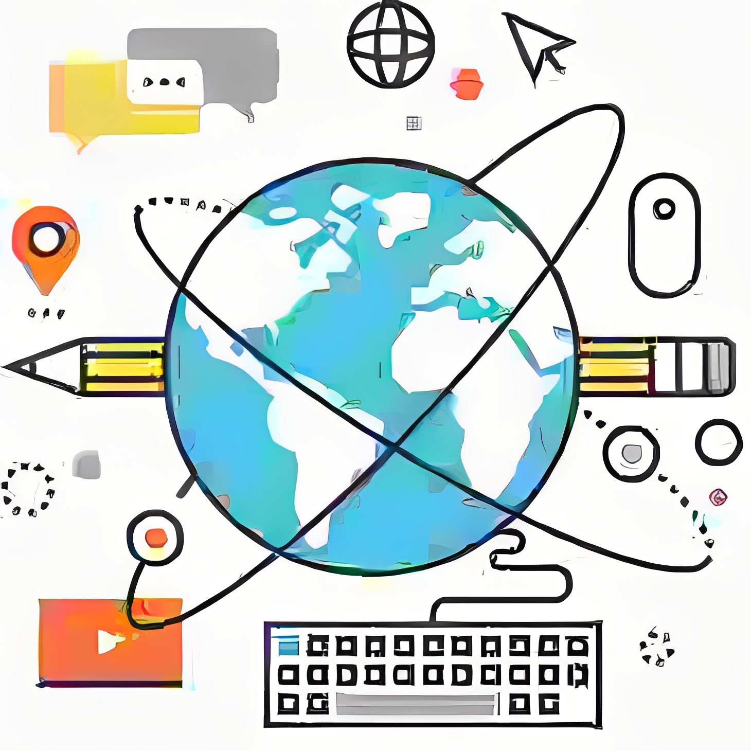 Digital world concept with globe and icons.
