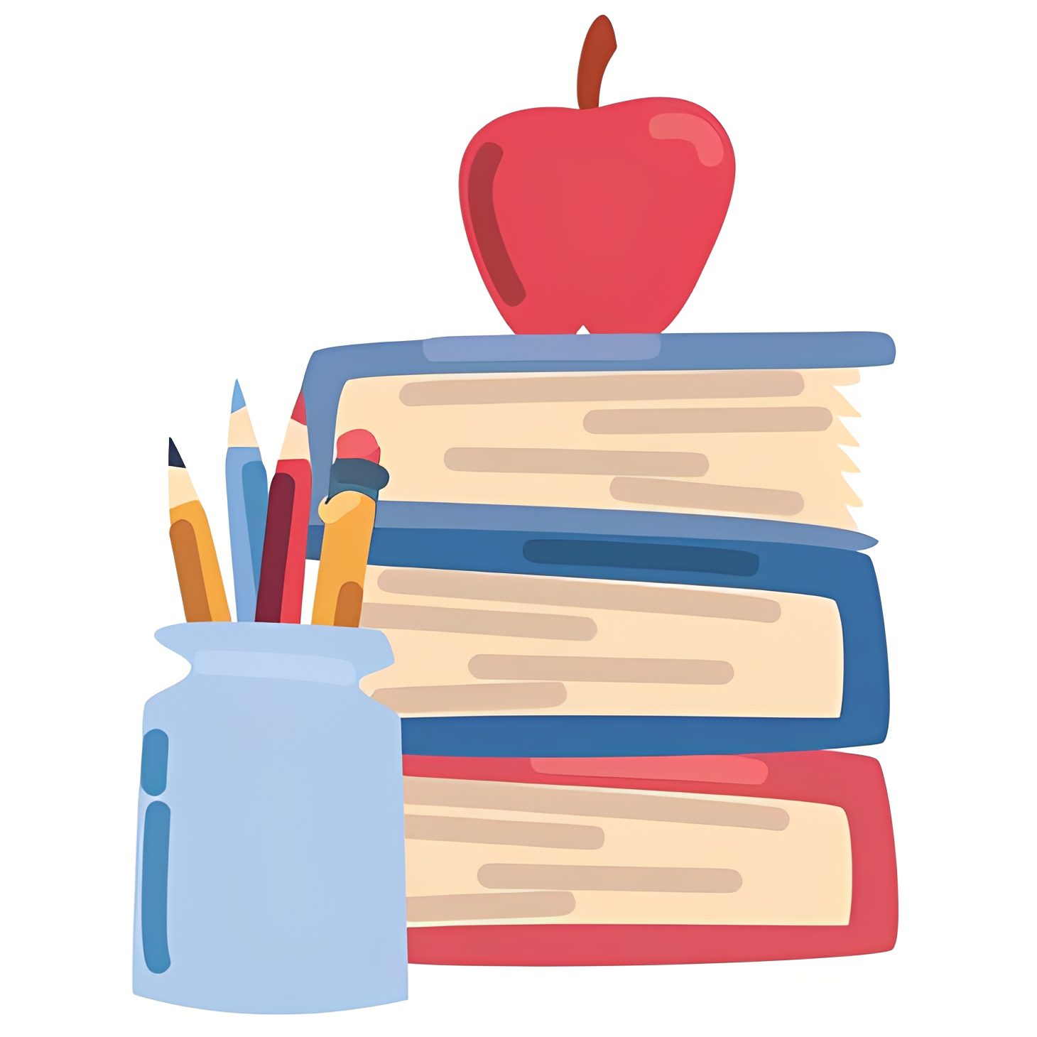 Books, apple, and pencils in jar illustration.