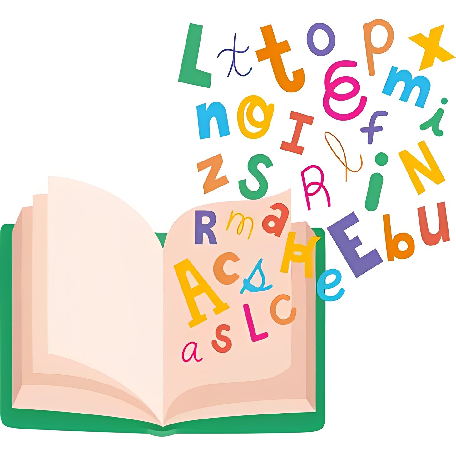 Open book with colorful letters flying out.