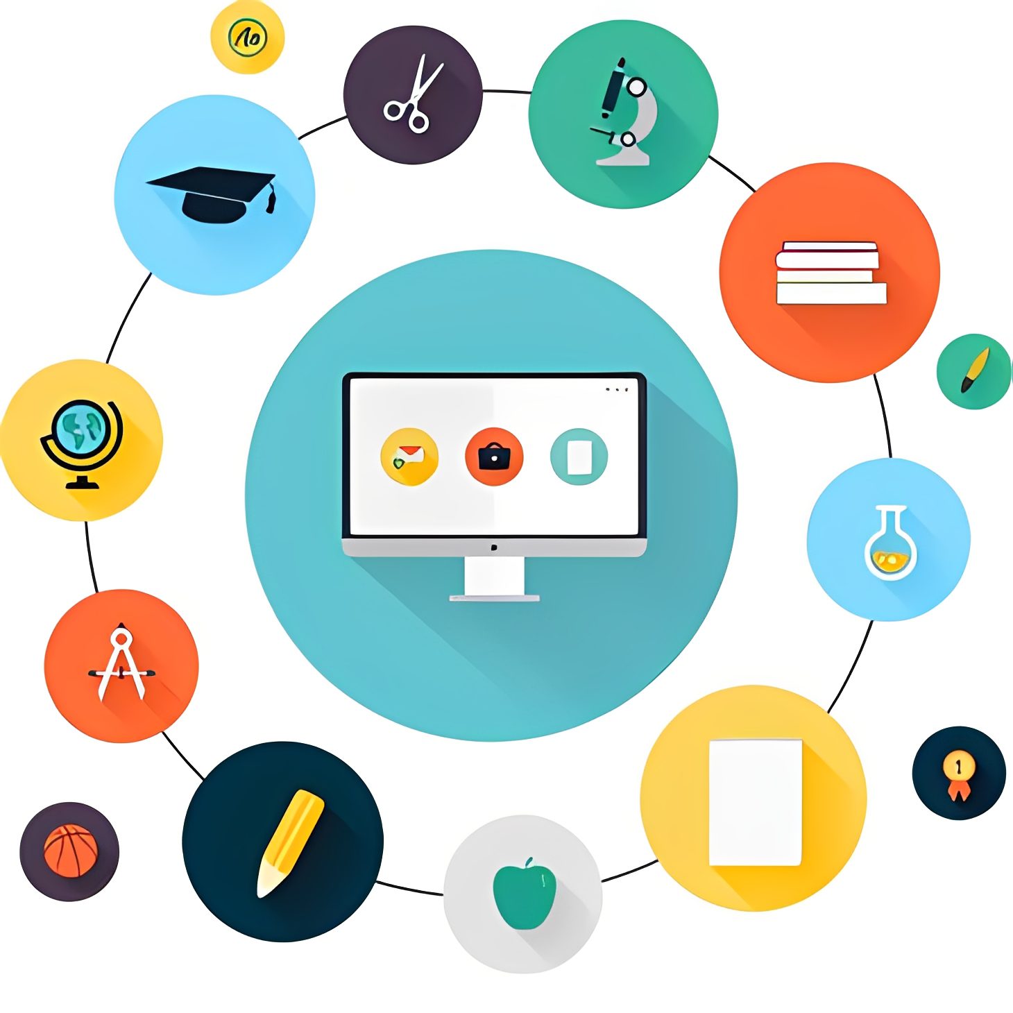 Educational icons surrounding a computer screen.