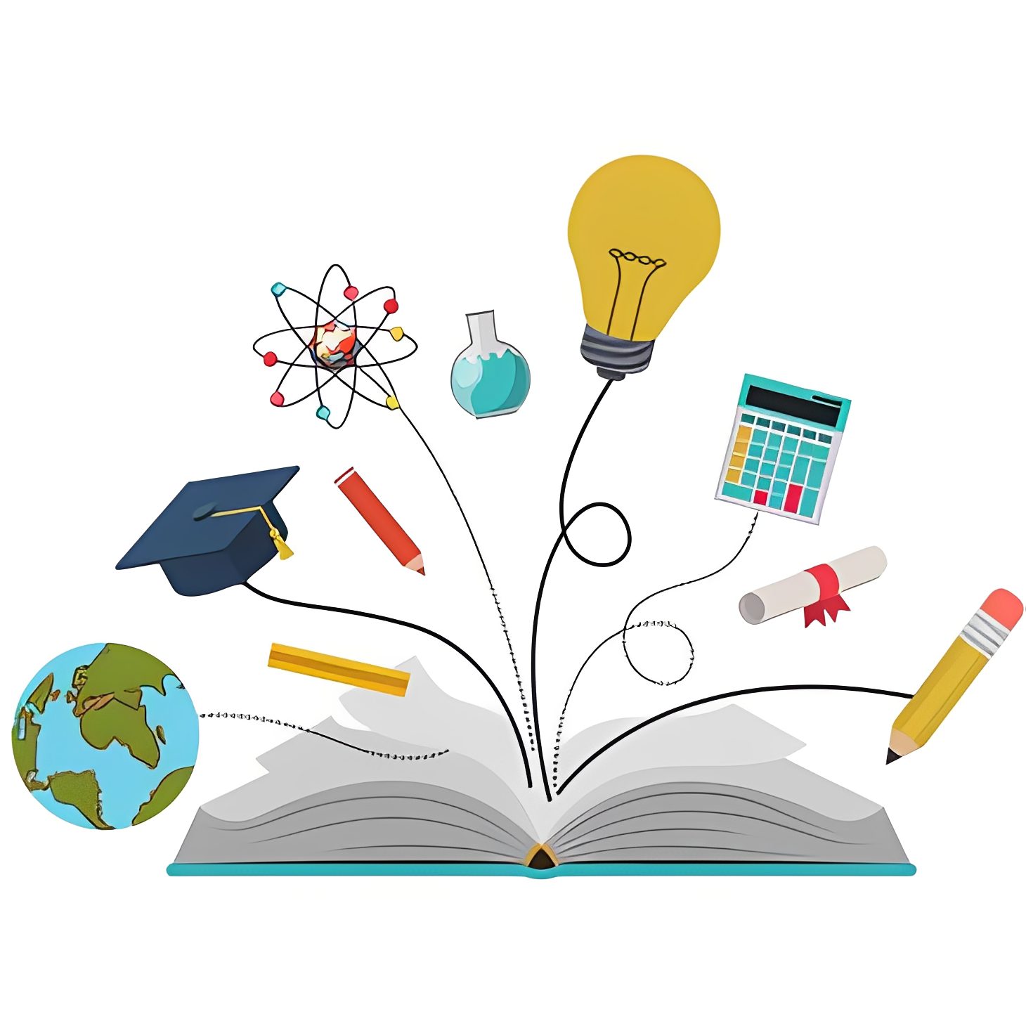 Open book with educational symbols emerging.