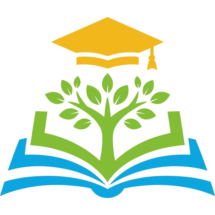 Graduation cap, tree, and open book logo.